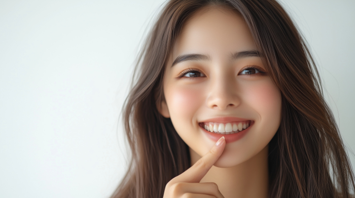 インプラントの治療後も健康的な口内環境を維持し笑顔を見せる女性