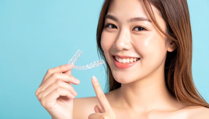 インビザラインのマウスピースを指さし微笑む女性