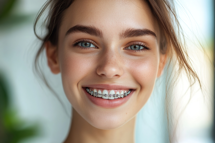 ワイヤー矯正で出っ歯を治療している女性