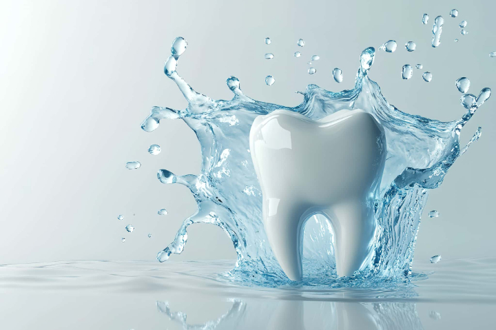 歯のクリーニングできれいになることをあらわす歯の模型に水がかけられている画像