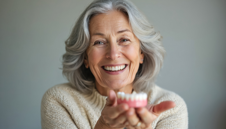 入れ歯を手に笑顔を見せる高齢女性