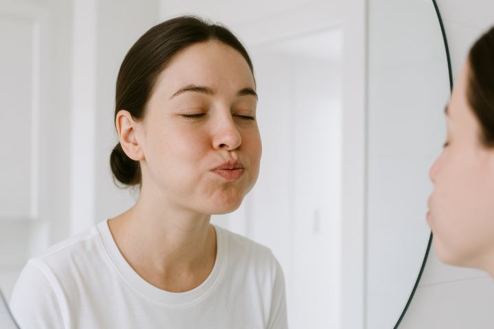 口をゆすいで細菌の繁殖を抑える様子