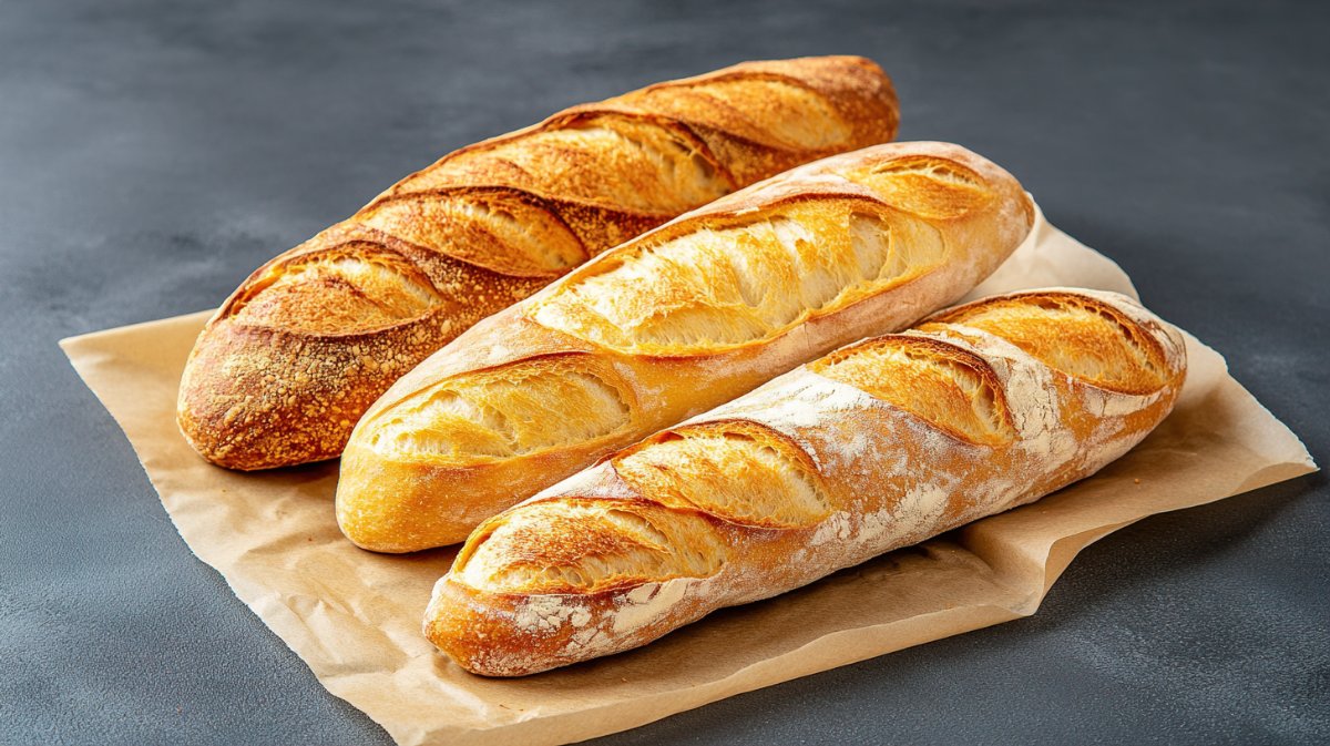 かたいフランスパンが三本並んでいるイメージ